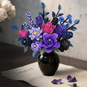 HiWEEGO Flowers Bouquet Building Set with LED Light - 17 Artificial Flowers Toy, 887PCS Purple Roses Botanical Collection Building Block, Gothic Home Decor Mother's Day Birthday Gifts for Adults Women