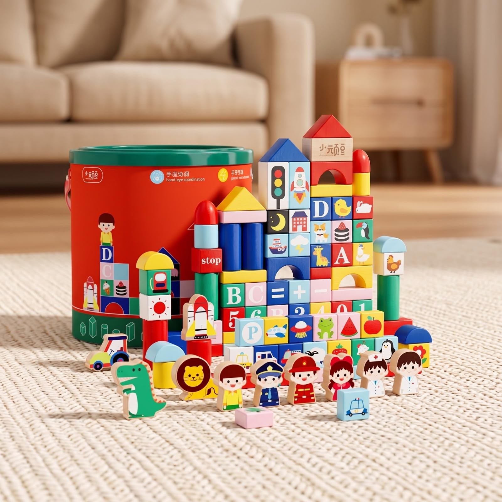 Milageto Juguete Construcción Sólido Didáctico, Bloques con Cubo Almacenamiento, Gran, Bloques con Números, para Casa, Guarría, Niños Pequeños