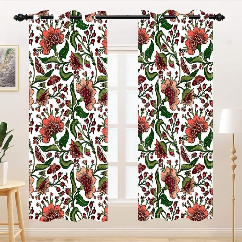Boho Floral Blackout Curtains Bohemian Flowers Print Decorative Window Curtains for Bedroom Living Room Kitchen Grommet Botanical Plants Window Treatment Drapes 2 Panel Set,42x84inch