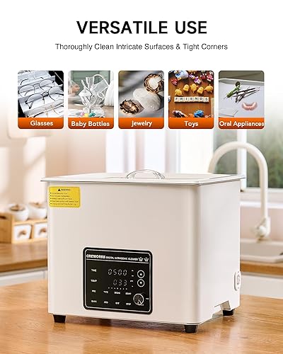 Miniatura 6 de Creworks Limpiador ultrasónico digital de 10 litros, máquina de limpieza ultrasónica silenciosa de 2.6 galones con modo Degas y 7 niveles de