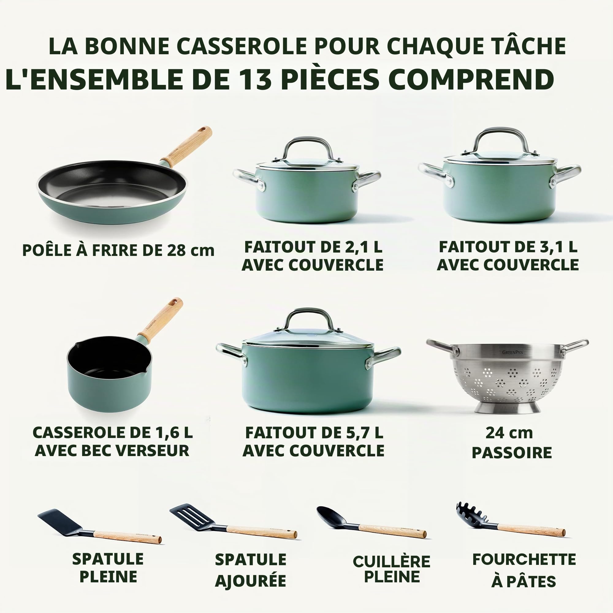 GreenPan Mayflower Batterie de Cuisine Antiadhésive 13 Pièces en Céramique Saine,Comprend Poêles à frire Casseroles Marmites Couvercles Passoire,Manche en Bois Vintage,Sans PFAS,Induction,Bleu Fumé
