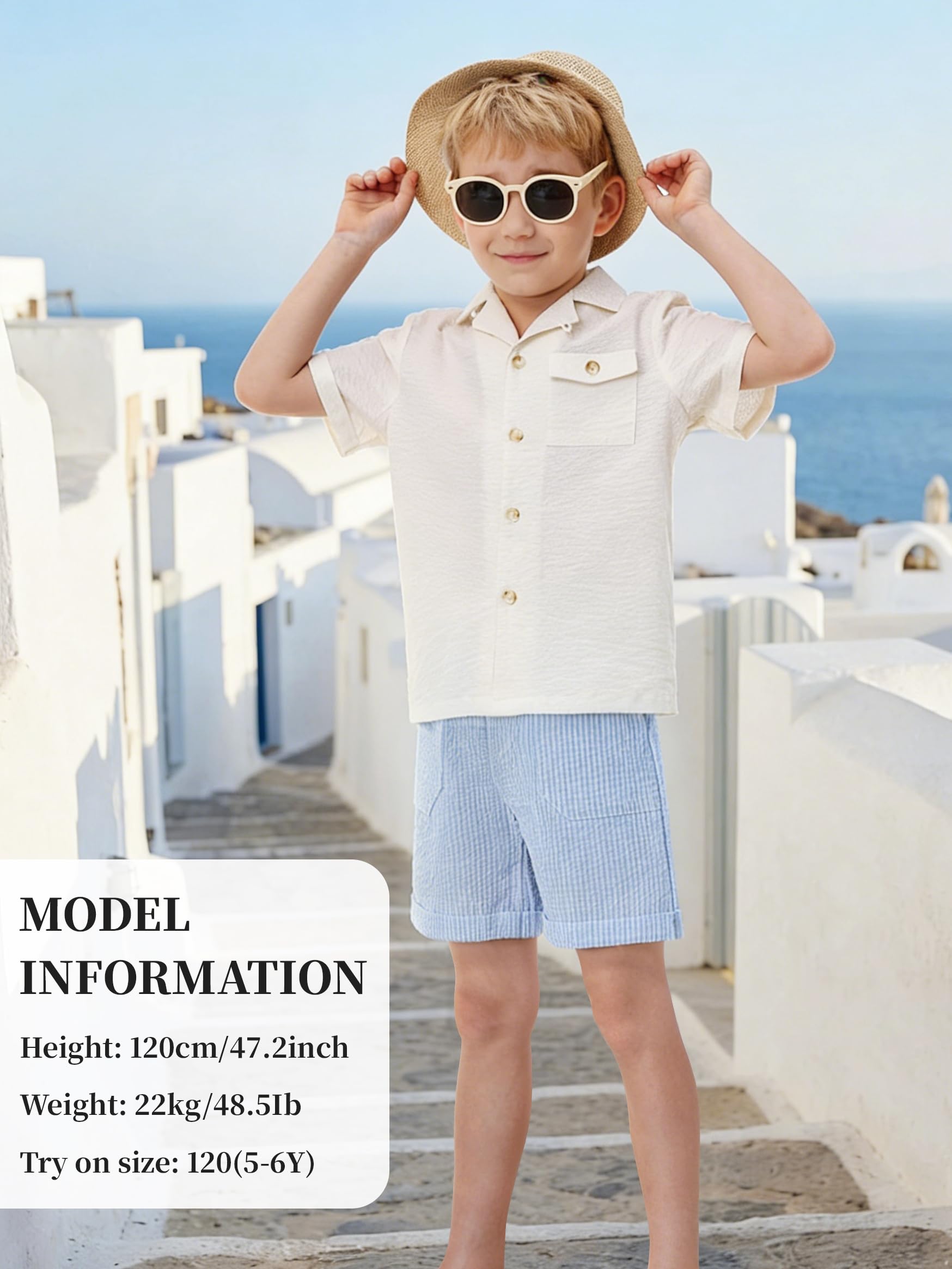 Volunboy Set Estivo Ragazzi Seersucker, Camicia a Bottoni con Colletto + Pantaloncini Vita Elastico,4-10 Anni