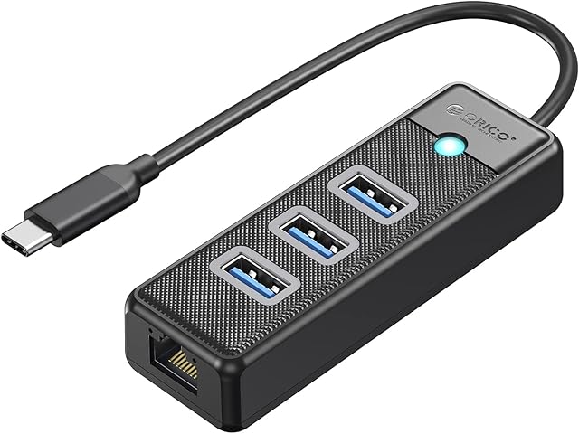 ORICO USB C to Ethernet Adapter, 4-in-1 USB C Hub with RJ45 10/100/1000 Gigabit Ethernet Adapter with 0.5ft Cable Compatible with Mac OS 10.X and Above, Linux, Android-Black