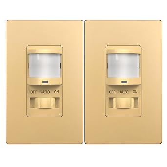 TOPGREENER in Wall PIR Motion Sensor Light Switch, Need Neutral Wire, Gold | Occupancy Sensor Switch, On/Off Override, Single Pole, 4A/500W, Motion-Activated Switch, Wall Plate Included,UL-listed,2 Pack