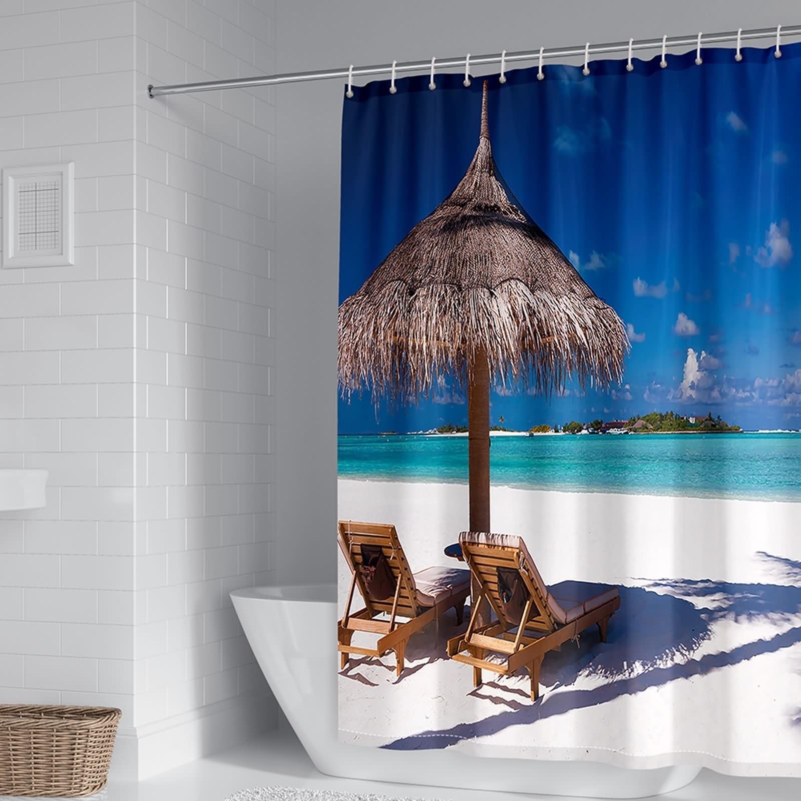 Rideau de douche KnSam polyester 300x200cm brun bleu motif plage et chaises avec anneaux