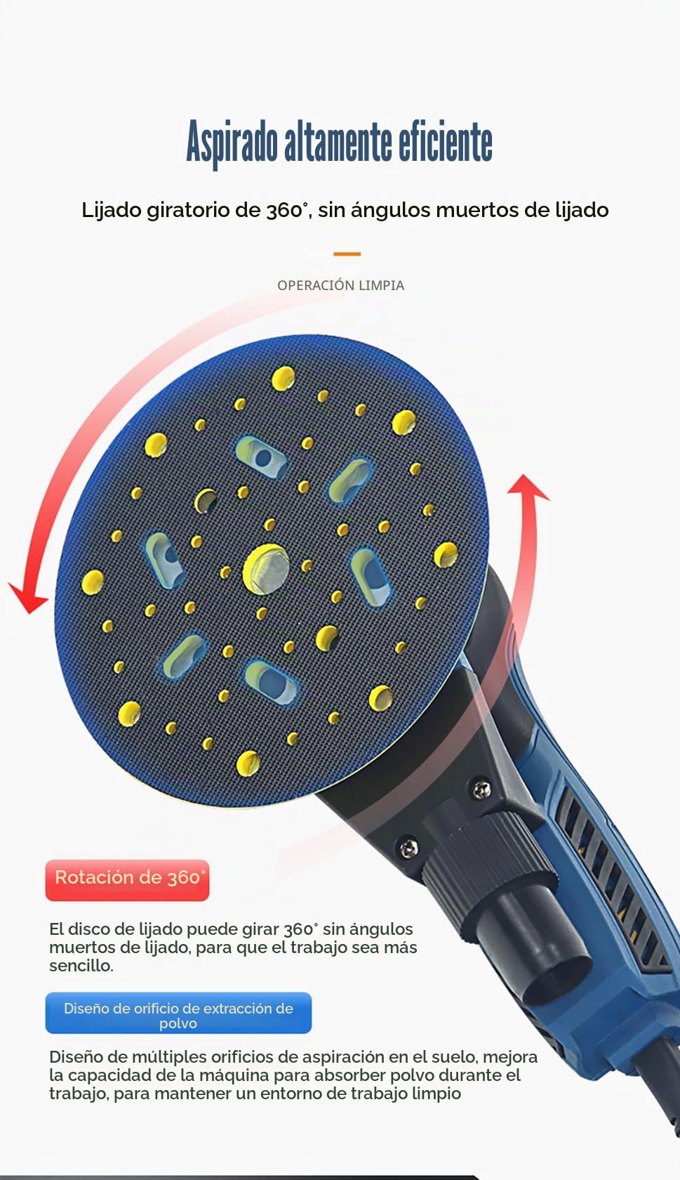 Lijadora Orbital Excéntrica 150mm (360W, Órbita Ø5.0mm, 4000-10000 RPM, 7 Velocidades), Baja Vibración Para Madera, Metal y Carrocería