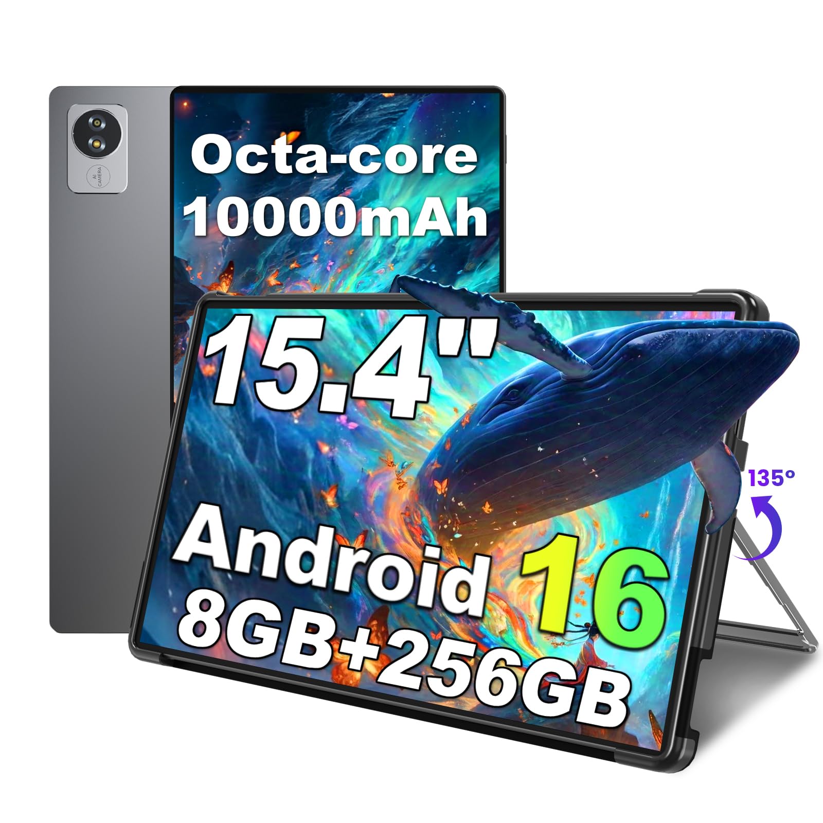 jumper 15,4 Zoll Android 16 Tablet, mit Helio G99 Octa Core Prozessor(bis zu 2,2 GHz), Gaming Tablets mit Ständer & Hülle, 8GB RAM 256GB ROM, Widevine L1, 10000mAh, BT5.2, GMS, für Studenten Office