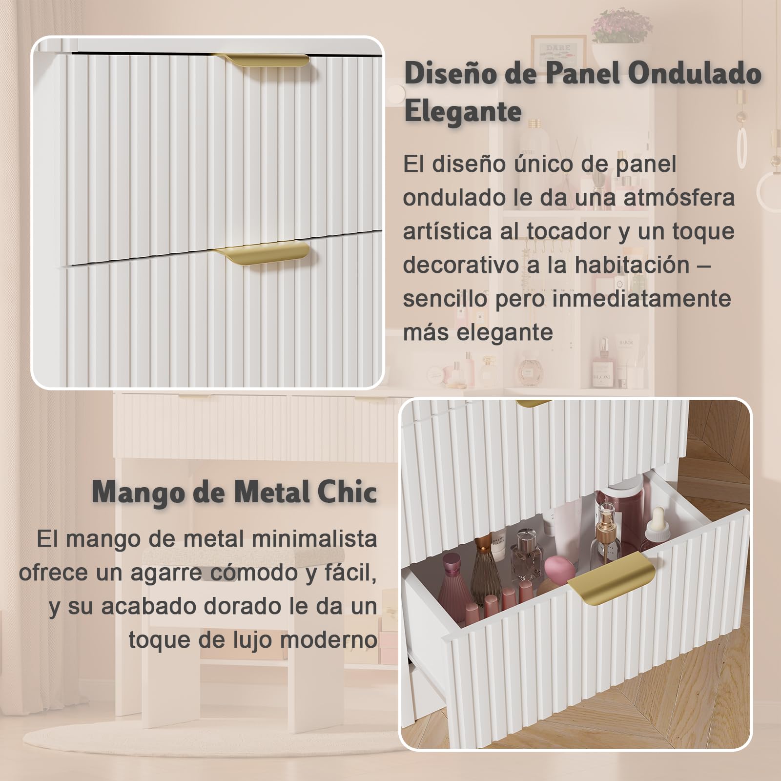 Airfish Tocador de Maquillaje con Espejo y Luz LED, Mesa de Maquillaje Grande con Enchufes, 12 Ganchos para Joyas y 5 Cajones, Tocador con Estantes Abiertos para Dormitorio, Moderno (Blanco)