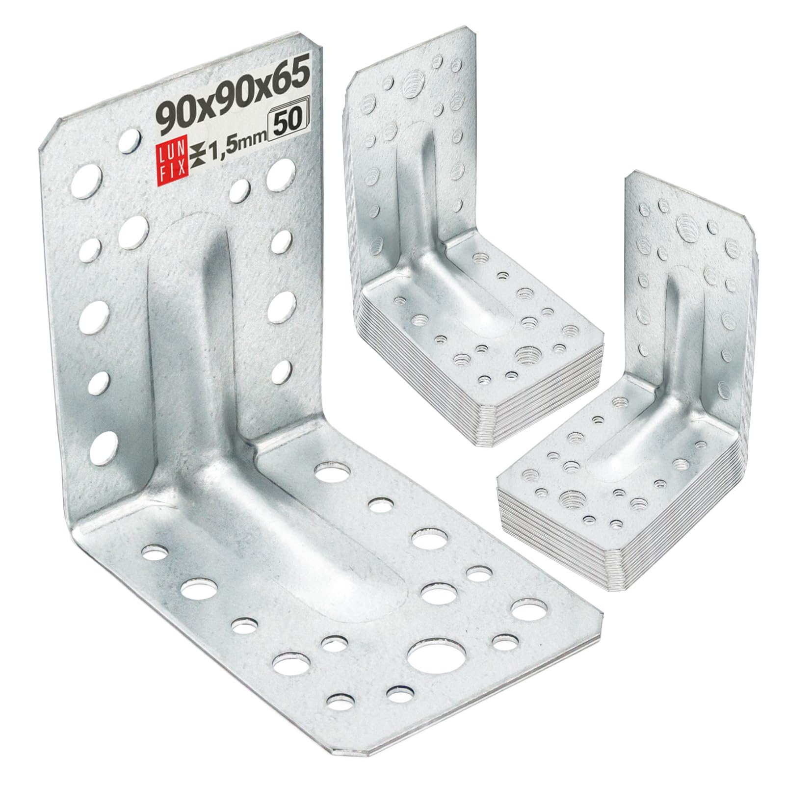 50 Equerre metal renforcées 90x90x65x1,5 mm, connecteurs bois galvanisés avec nervure, équerre support d'angle droit perforée pour menuiserie, fixation meuble, clôture, construction bois