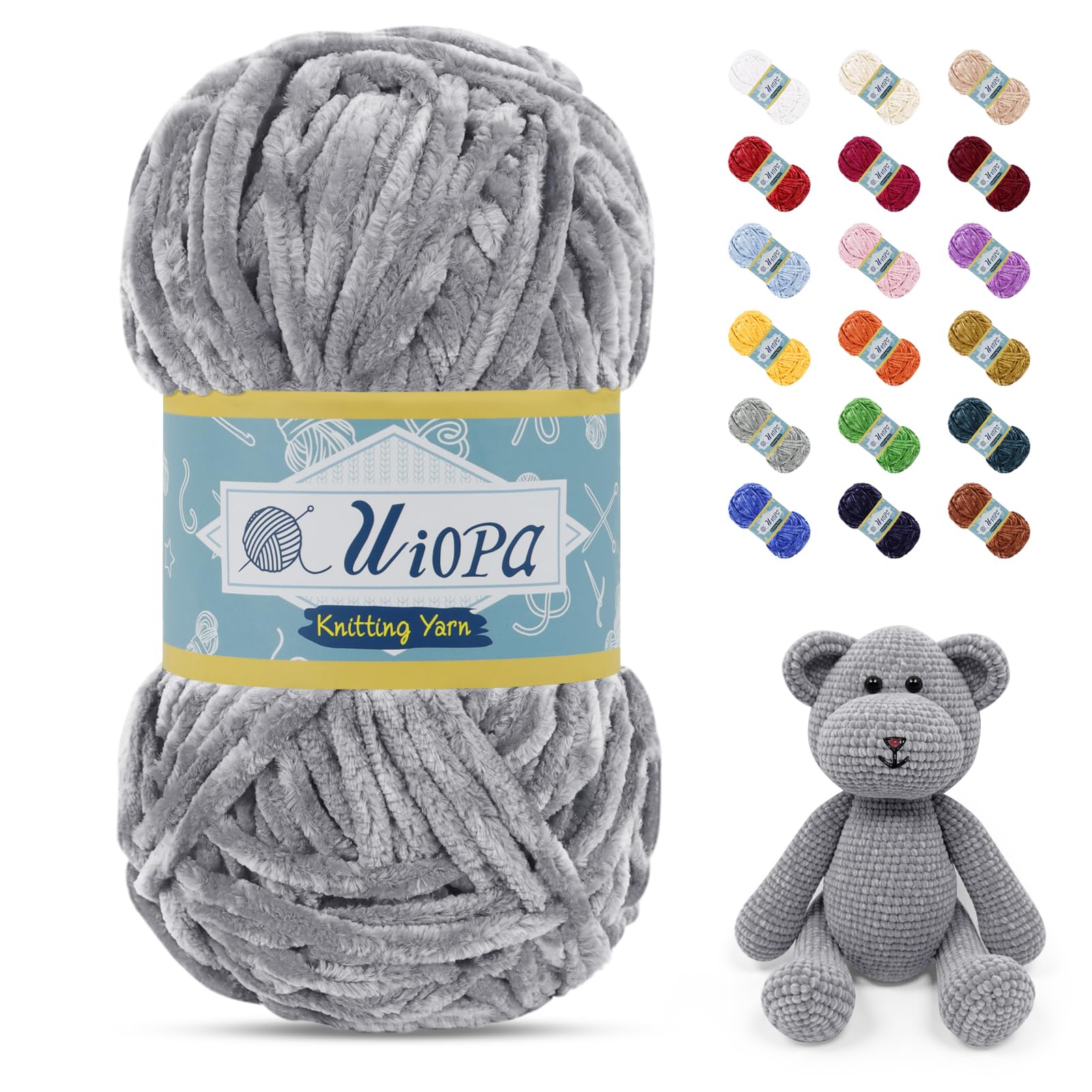Uiopa 100g/80m Chunky Chenille Yarn, Plush Velvet Yarn Thick Chenille Wool, White Gray Fluffy Crochet Chunky Wool for Amigurumi Blankets Clothes DIY Crafts