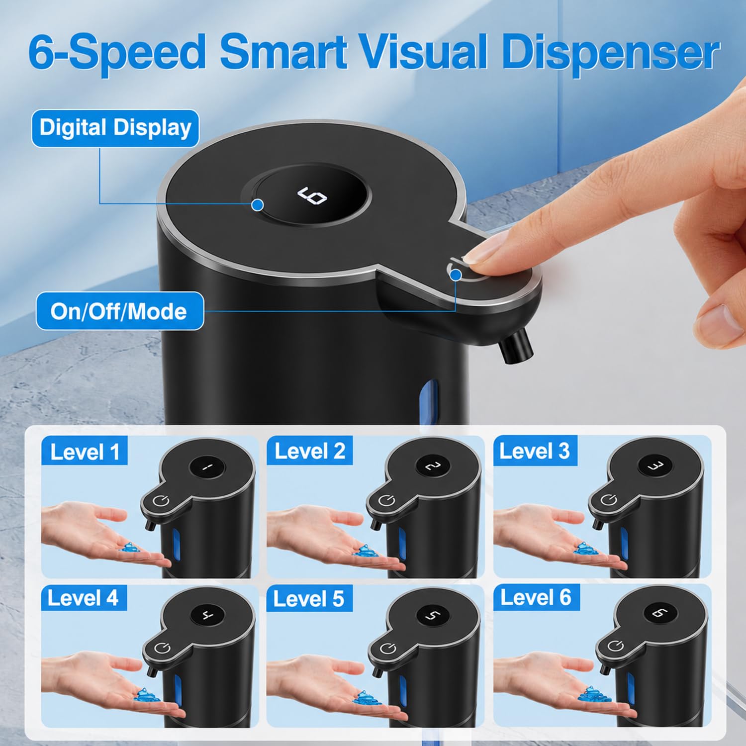 Fachixy Automatischer Seifenspender mit Digitalanzeige, wiederaufladbar, berührungsloser Seifenspender, 6 einstellbare Stufen, 380 ml, IPX5 wasserdichter Flüssigseifenspender für Badezimmer, Küche