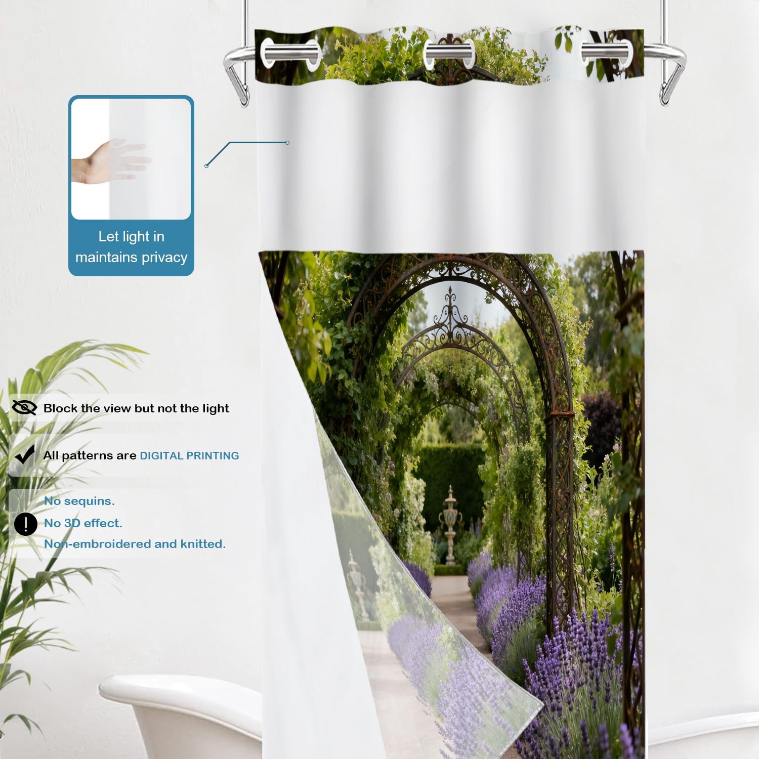 Batmerry Colorful England Summer No Hooks Shower Curtain with Snap in Liner Set, Flower Garden Path Archway Painting Bathroom Decor Polyester Quick-Drying Waterproof for Bathtubs, 35.5X74 in