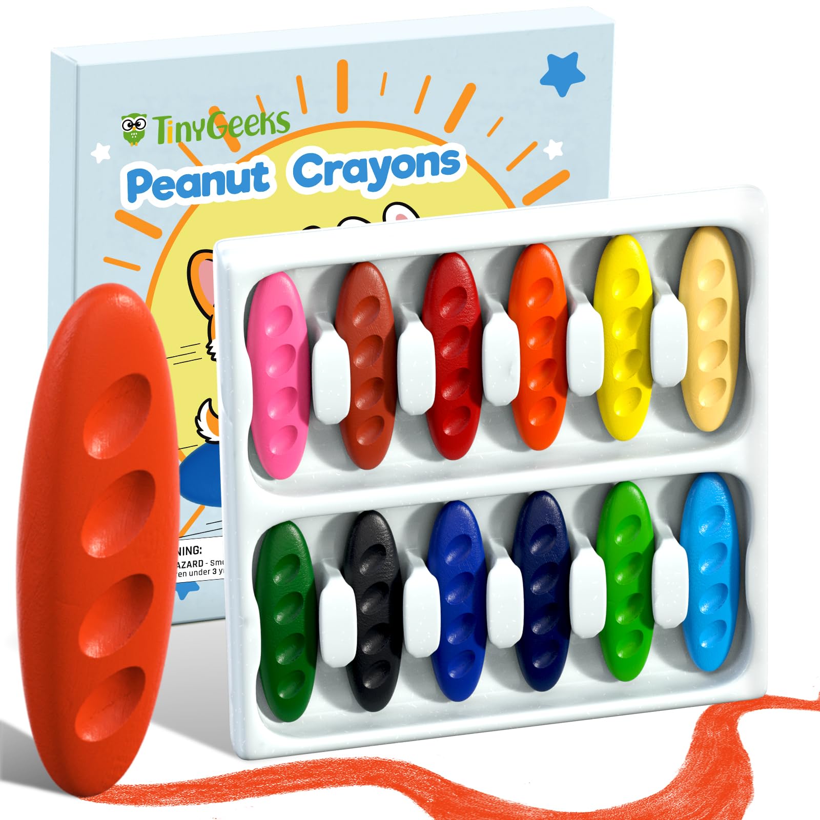TinyGeeks 12 Peanut Crayons - Non Toxic Crayons for Toddlers - Washable for Kids Ages 4-8 - Easy To Hold - Toddlers 2-4 Years - Ergonomic Shape - GEN2