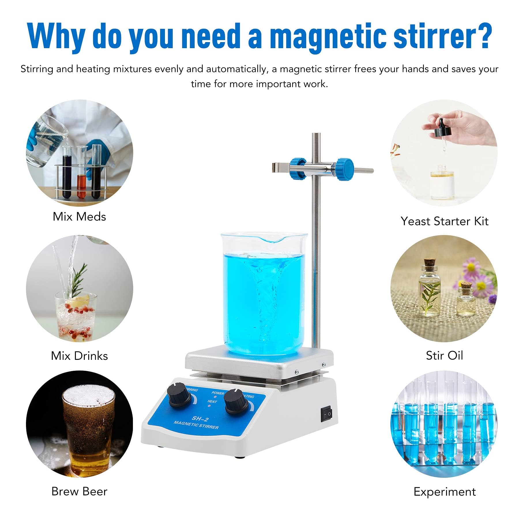 Placa caliente agitadora magnética con calefacción y ajuste de velocidad, 0-1600 rpm, capacidad de 1 litro, ideal para uso en laboratorio