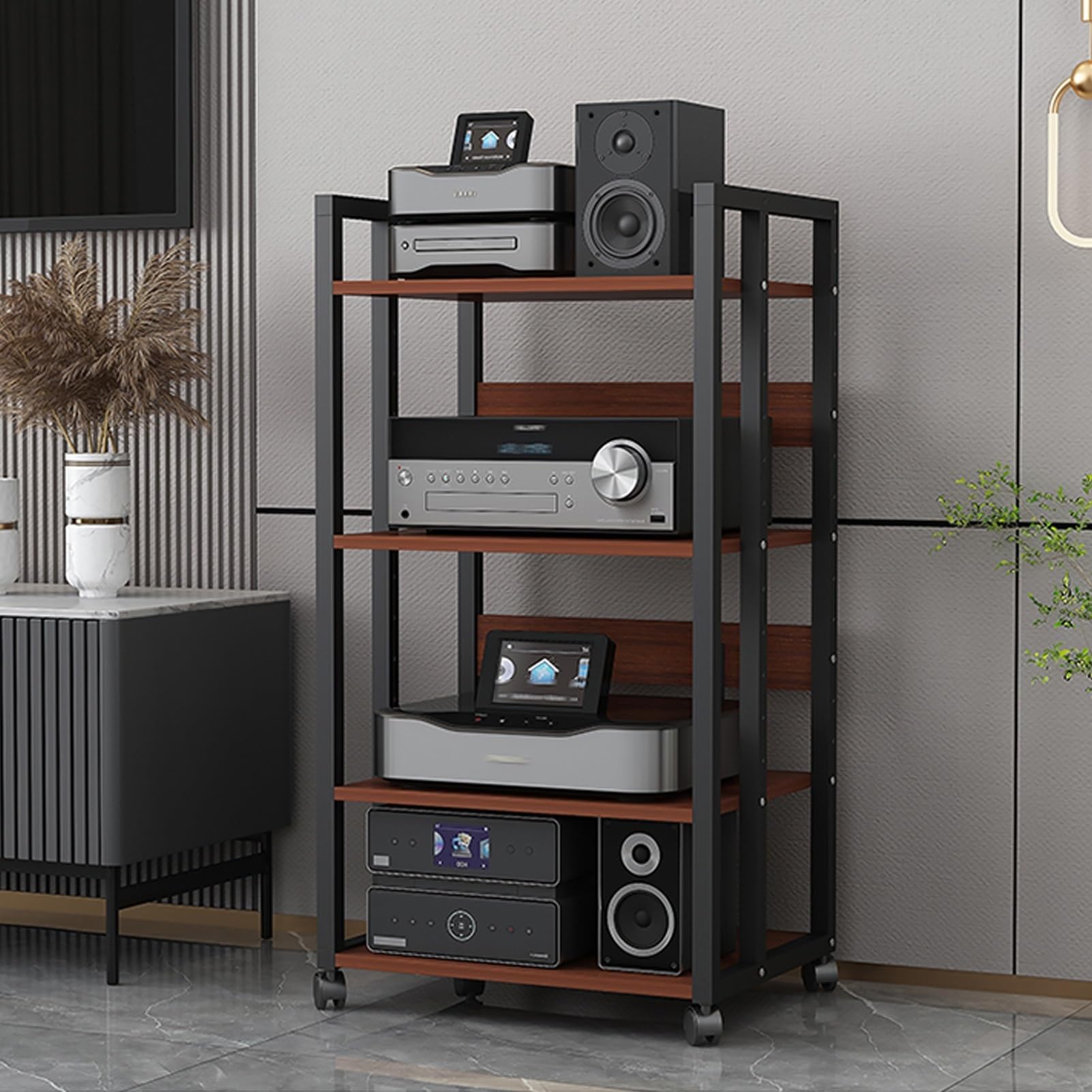 Soporte multimedia AV ajustable y móvil con ventilación abierta para equipos estéreo 8