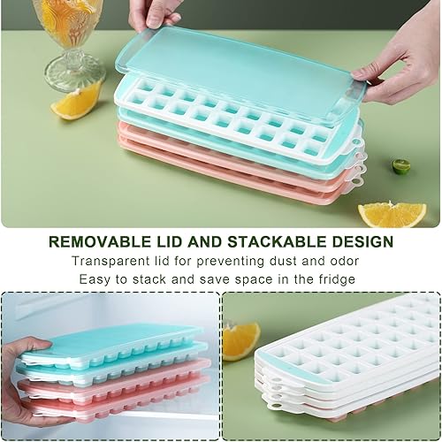 Miniatura 4 de Paquete de 2 mini bandejas para cubitos de hielo con tapa, juego de bandejas de hielo apilables para congelador, 72 moldes pequeños para cubitos de
