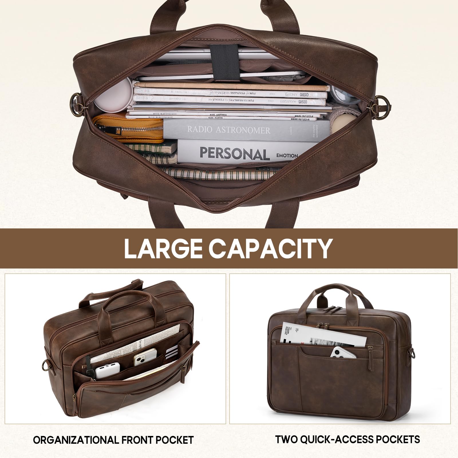 RAINSMORE Aktentasche Herren Vintage PU Leder 16 Zoll Laptoptasche | Arbeitstasche, Wasserdicht Ledertasche, Messenger Bag, Effiziente Organisation, Vielseitig für Büro, Uni, Geschäftsreisen