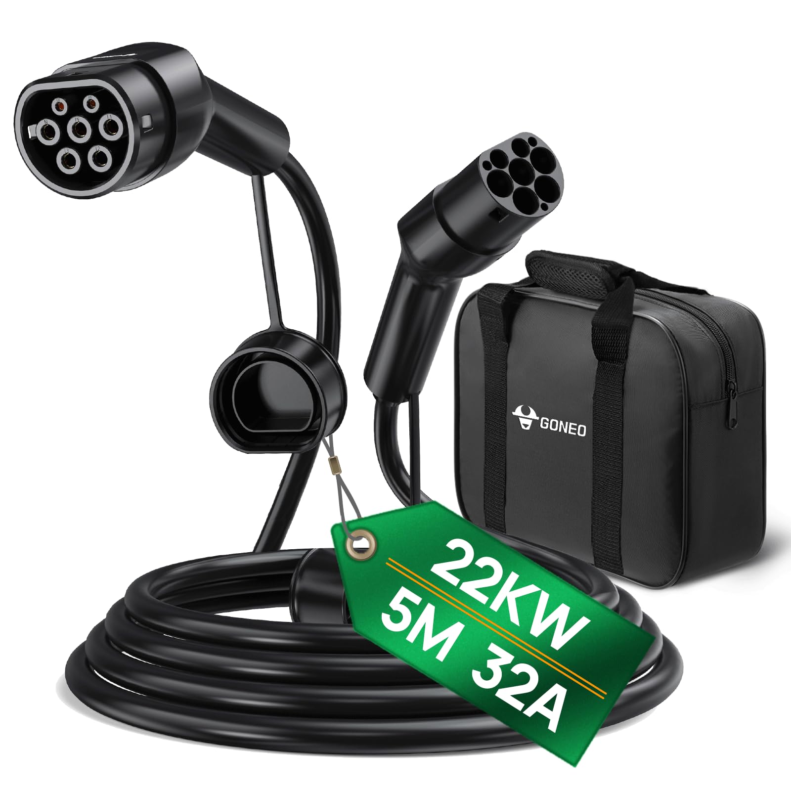 GONEO Type 2 Câble de Charge 22KW 5M 32A Voiture Électrique Triphasé Type 2 à Type 2 EV/PHEV Câble avec Sac de Transport Contacts Plaqués Argent sans Halogène