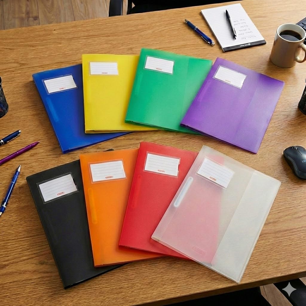 Brunnen | stabile Plastik Schnellhefter FACT!pp 8er Set für Format A4, mit Einstecktasche, rot, blau, grün, gelb, orange, lila, schwarz und weiß/transparent | Inklusive 8 zusätzliche Namensschilder