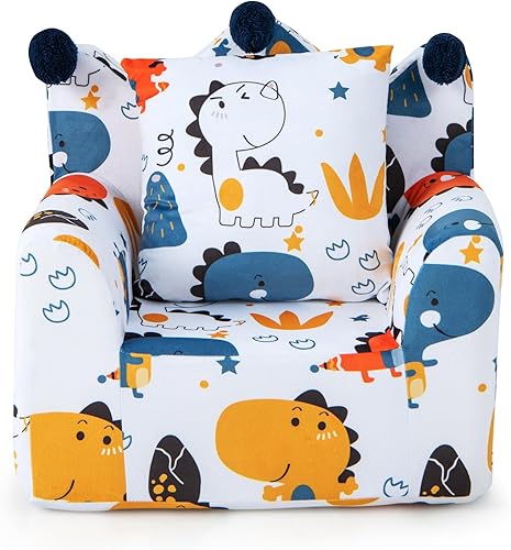 Miniatura 10 de Costzon Sofá para niños, sillón relleno de espuma con almohada acolchada, funda de terciopelo lavable y relleno de esponja suave, silla tapizada
