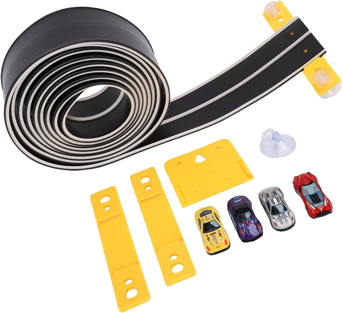 Asixxsix Flexible Race Car Track Toy Set, Portable Roll Up Car Track for Kids, Double Sided Racetrack for 1:64 Diecast Cars, Birthday Gifts for Boys Girls Ages, with Suction Cups (Black)