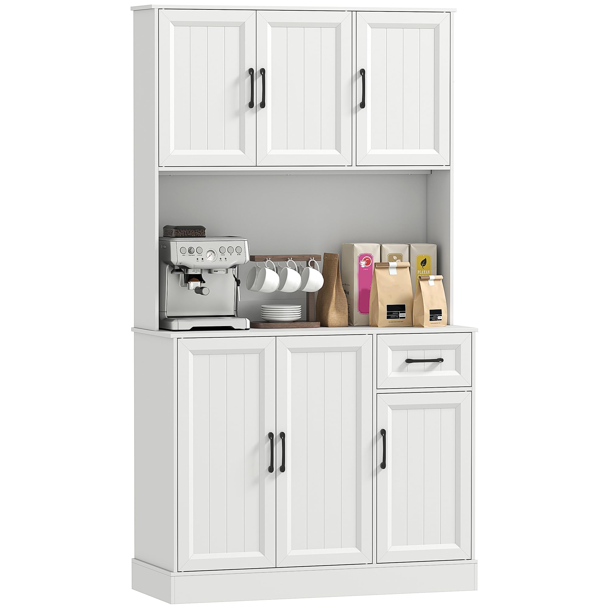 HOMCOM Küchenschrank mit Arbeitsplatte 6 Türen 100 x 39,5 x 180,5 cm Weiß | Buffetschrank, Verstellbaren Regalen, Schublade, Hochschrank Vorratsschrank mit Kabelloch, für Küche Wohnzimmer Esszimmer