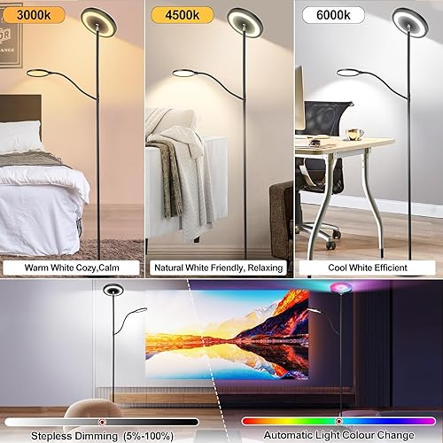 Miniatura 4 de Lámpara de pie RGB con luz de lectura regulable, 36 W3000 lúmenes, lámpara LED de pie alta moderna y brillante, 3 temperaturas de color, lámpara de