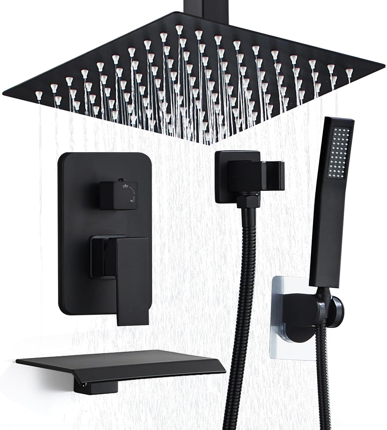 12 Inch Shower Faucet Set, Ceiling Mounted Rainfall Shower System with High Pressure Handheld Shower Head, Bathroom Mixer Shower Set Rough-in Valve and Trim Kit, Matte Black, with Tub Spout