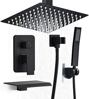 12 Inch Shower Faucet Set, Ceiling Mounted Rainfall Shower System with High Pressure Handheld Shower Head, Bathroom Mixer Shower Set Rough-in Valve and Trim Kit, Matte Black, with Tub Spout