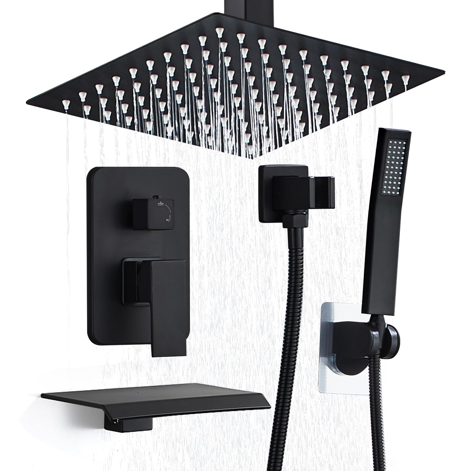 RTOBWEYE 12 Inch Shower Faucet Set, Ceiling Mounted Rainfall Shower System with High Pressure Handheld Shower Head, Bathroom Mixer Shower Set Rough-in Valve and Trim Kit, Matte Black, with Tub Spout