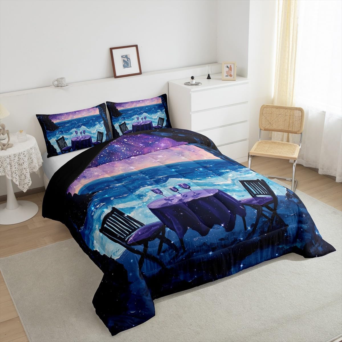 Sea Beach Comforter Sets Toddler Size,Oil Painting Style Bedding Sets,Seaside Camping Tie Dyed Quilted Duvet for Kids Teens Girls Woman Room Decor,Glitter Galaxy Sky Duvet Insert,1 Pillowcase