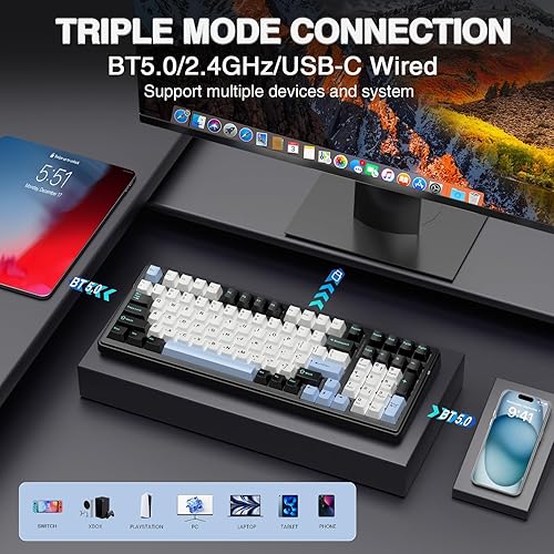 Miniatura 3 de AULA Teclado mecánico inalámbrico F99, triple modo BT5.02.4GHzUSB-C, teclado personalizado intercambiable en caliente, interruptores lineales