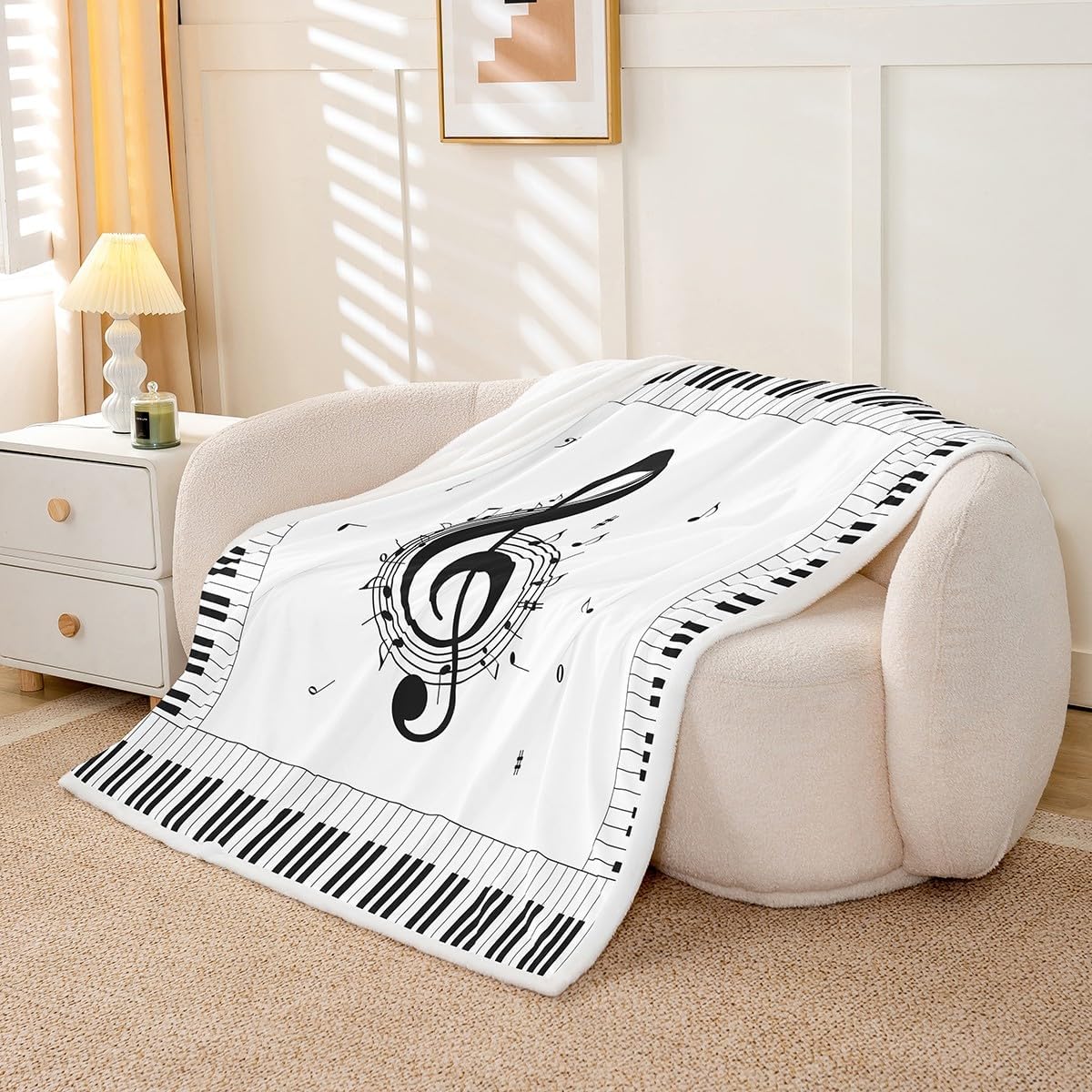 Erosebridal Music Notes Fleece Throw Blanket 40"x50" Piano Keys Plush Sherpa Blanket Black White Classic Musical Instrument Geometric Keyboard Pop Melody Studio Room Decor image 3