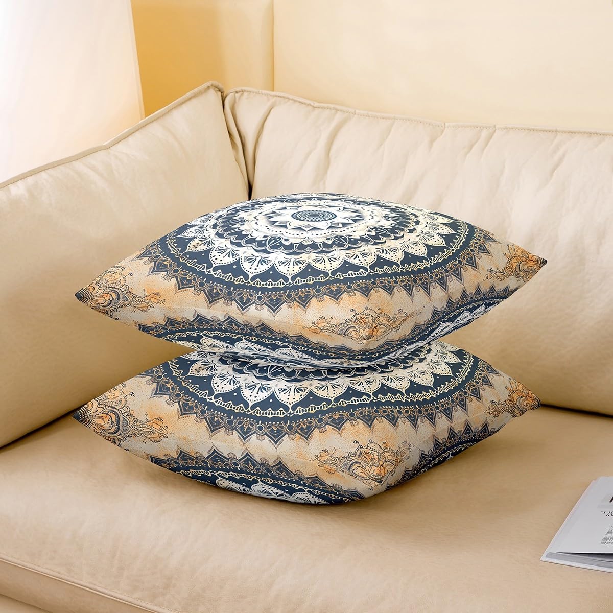 Feelyou Boho Mandala Throw Pillow Cover 24"x24" Soft Kids Bohemian Style Decorative Throw Pillowcase for Hippie Mandala Pillow Case Cushion CoverGold Exotic Floral Printed Cushion Cases