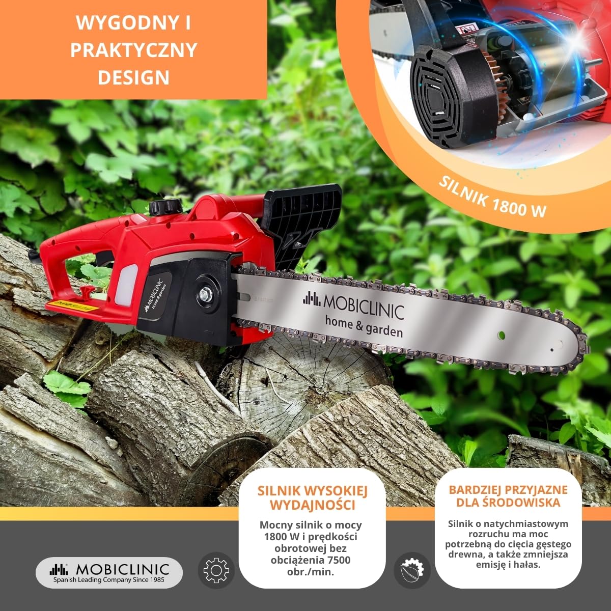 Mobiclinic®, Elektryczna pił łńcuchowa z kablem, 1800 w, Długość cięcia 40 cm, Automatyczne smarowanie, Zawiera etui, Uchwytem, Prędkość 13 m/s, Do 120 ml, Okno kontrolne oleju