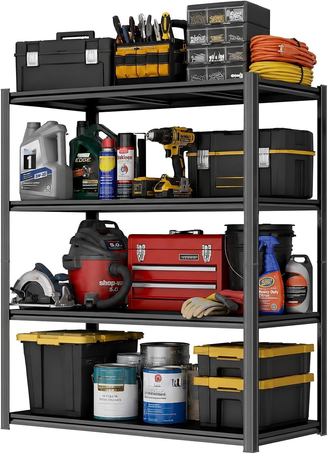 4-Tier Metal Shelving Unit, Heavy Duty Garage Shelves, 53" H Adjustable Steel Storage Shelf for Pantry, Kitchen, Basement, Upgraded Reinforced Double-Layer Columns, Black, 35" Wide x 16" Deep