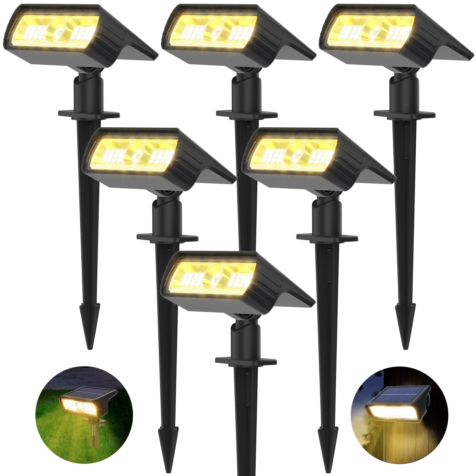 Moxled Solarlampen für Außen Garten, 3000K Warmweiß Solar Strahler 6 Stück, IP65 Wasserdicht Gartenleuchten, 2 Helligkeitsmodi Solarleuchten für Außen Garten, Hof, Gehweg