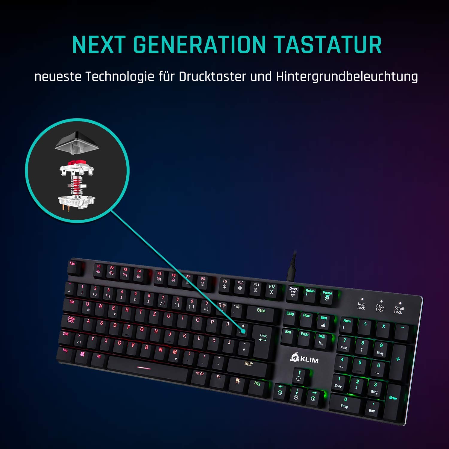KLIM™ Dash - Nowość - klawiatura mechaniczna QWERTZ z czerwonymi przełącznikami o niskim profilu dla profesjonalistów i graczy - 10 lat - podświetlenie RGB - metalowa konstrukcja - pełna