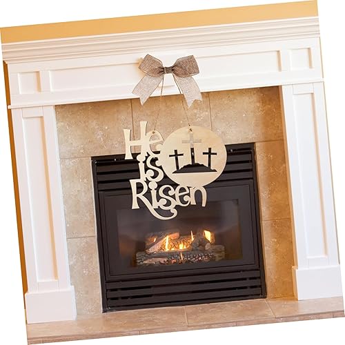 Miniatura 6 de MUCKLILY Colgante de Pascua para puerta delantera, decoración con texto en inglés "He Is Risen", letrero rústico de primavera religioso, letrero de