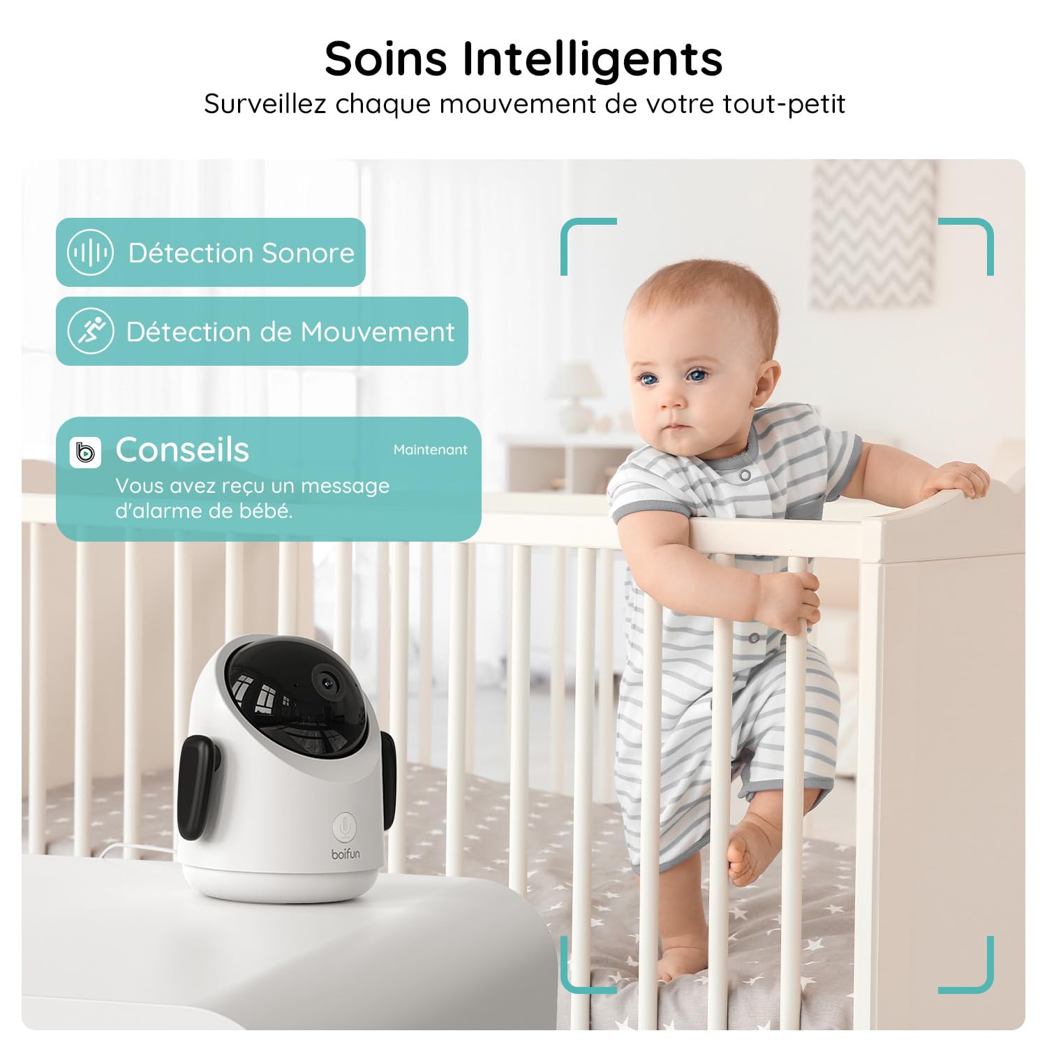 BOIFUN Babyphone 2 Cameras, Écran Divisé, Application Mobile et Moniteur 4,3" 1080P, Détection Intelligente, Suivi Automatique 360°, Zoom 4X, Double Protection de la Vie Privée