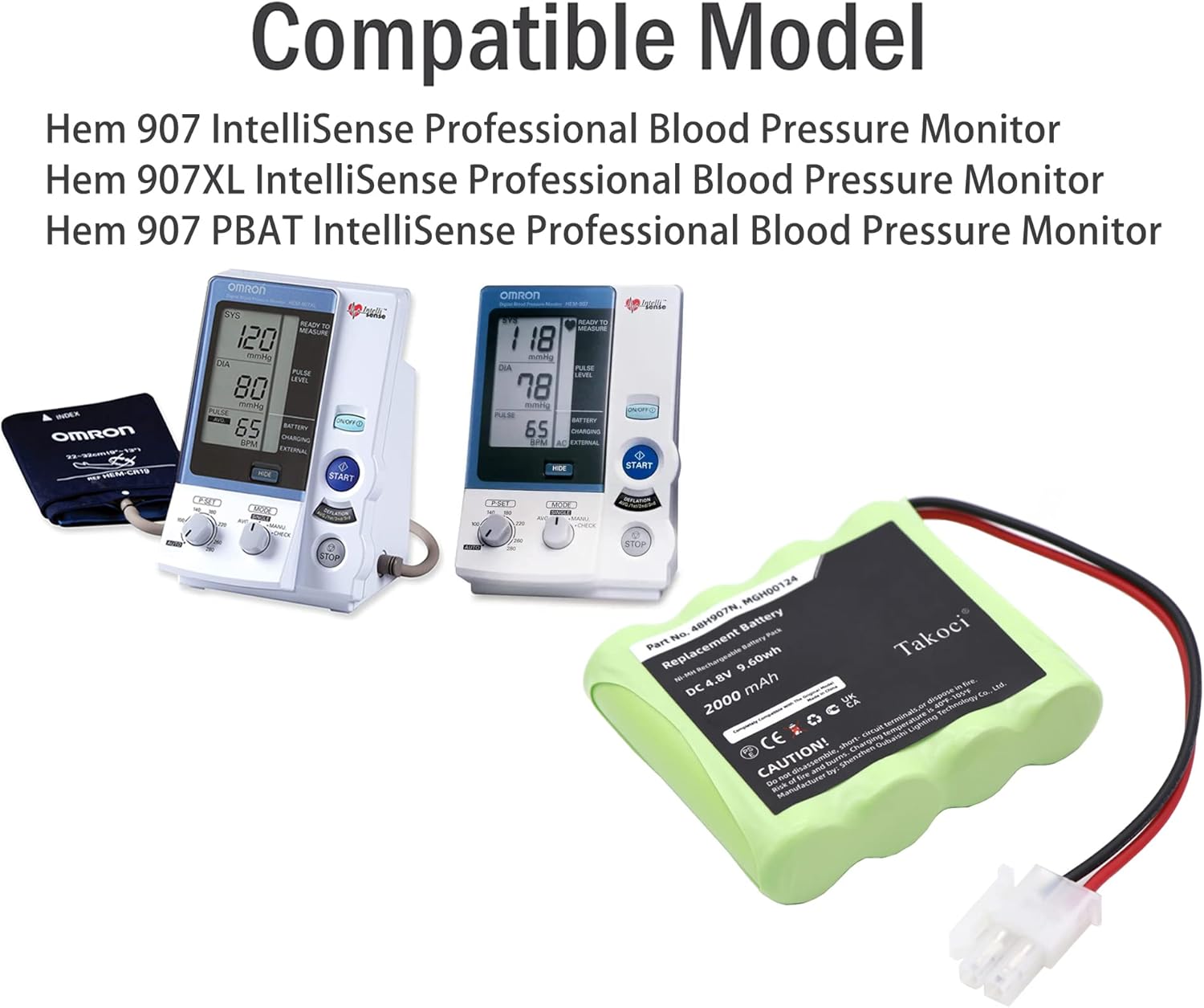 Replacement Battery for Omron Hem 907 Series IntelliSense Professional Digital Blood Pressure Monitor fits Part Number 48H907NE 48H907N 4.8V/2000mAh