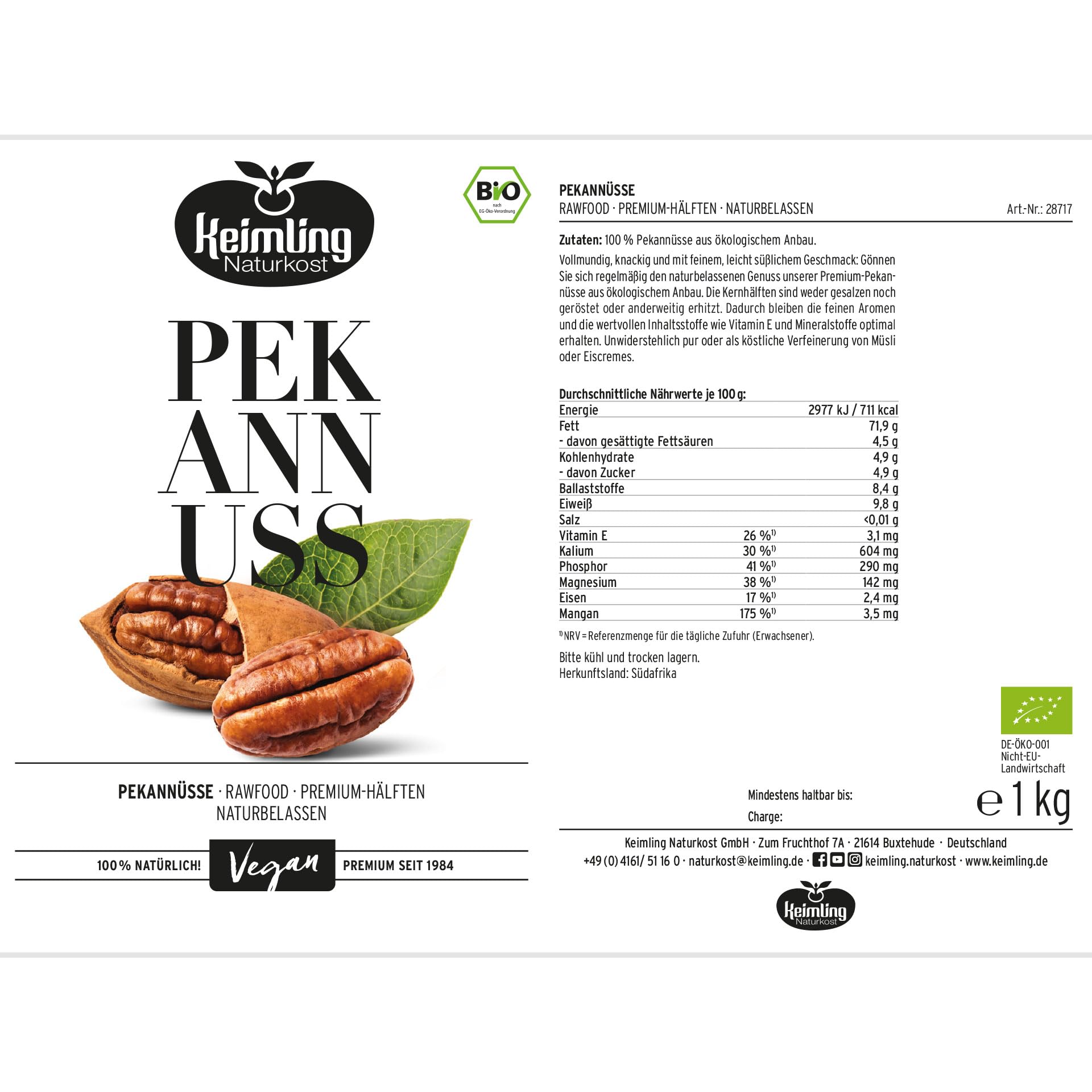 Bio-Pekannüsse – naturbelassene Rohkostqualität aus Südafrika, ungeröstet & ungesalzen, reich an ungesättigten Fettsäuren, Vitamin B1 & Mangan, vegan, Keimling Naturkost (1 kg)