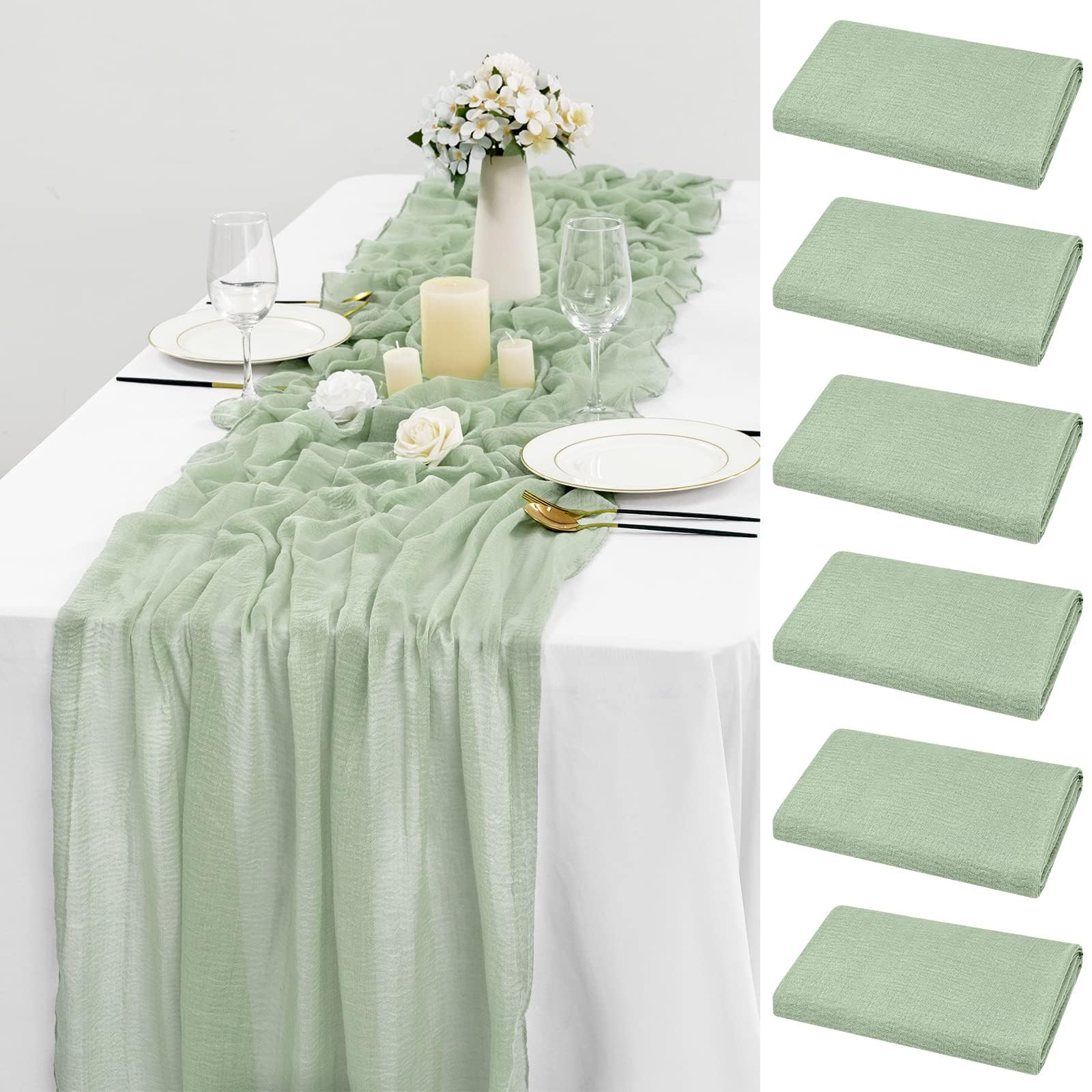 Photo 1 of 6 Pack Luxury Cheesecloth Table Runner for Table Decor Boho Style Wedding Table Decor Birthday Party Baby Bridal Shower 6 ft, 10 ft. (Light-Green Color, 35''x70'')