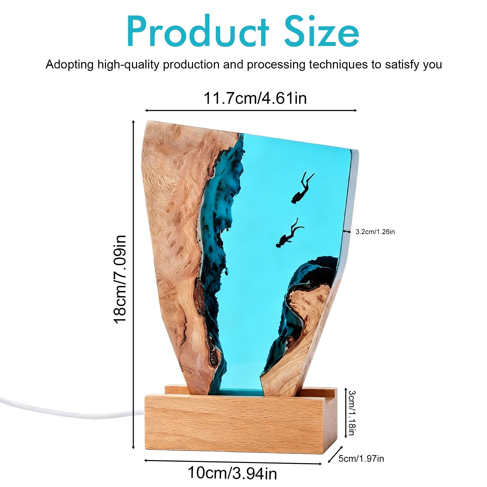 Lampka nocna 3D, oceaniczna, lampka nocna, żywica epoksydowa, statuetka morska, dekoracja, lampa do nurkowania z drewnianą podstawą i kablem USB, lampka nocna LED dla miłośników morza, do