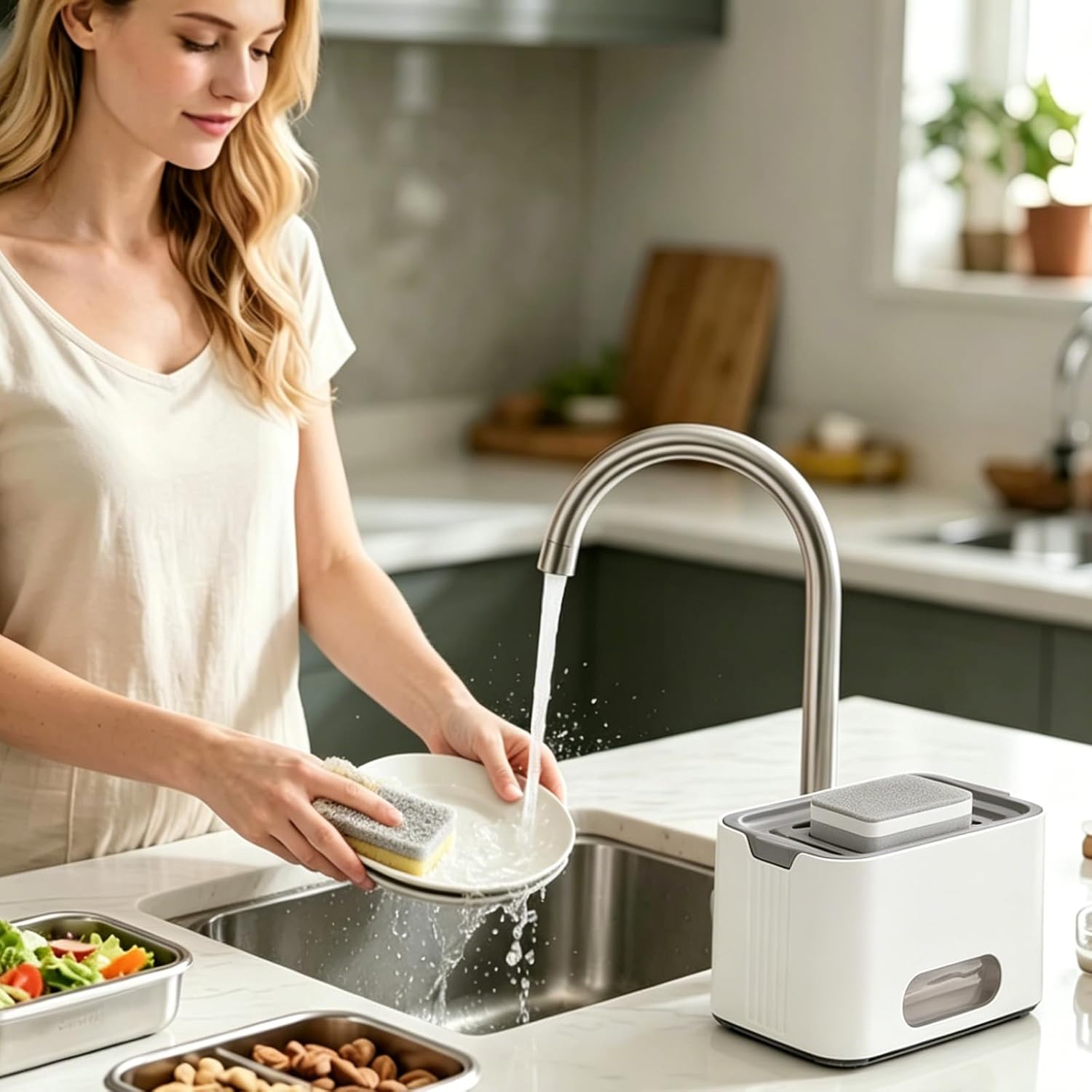 Dish Soap Dispenser for Kitchen,Detachable Soap Dispenser with Sponge Holder for Dish Cleaning, Sink Soap Pump Dispenser(White)