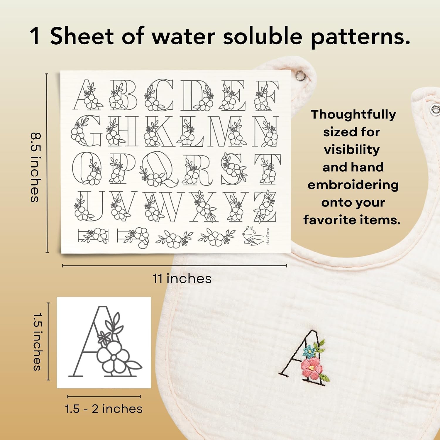 Stick and Stitch Embroidery Patterns, Floral/Alphabet Designs, Water Soluble Embroidery Stabilizer Transfer Paper, Beginner Hand Embroidery Kit for Gifts (Floral Alphabet)