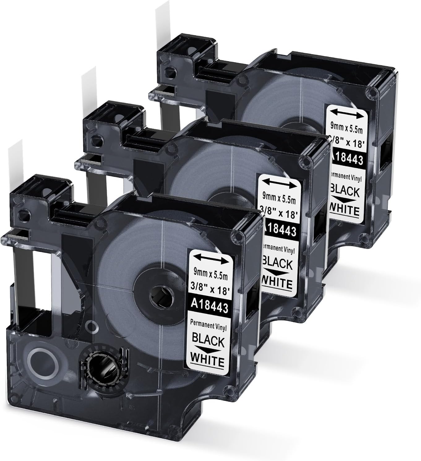 Rhino Label Tape 3/8 Replace for Dymo Rhino Permanent Vinyl Industrial Label Tapes 1805437 Compatible with Dymo Rhino 5200 4200 5000 6000 Label Maker Refills, 3/8" x 18', White on Black, 5-Pack