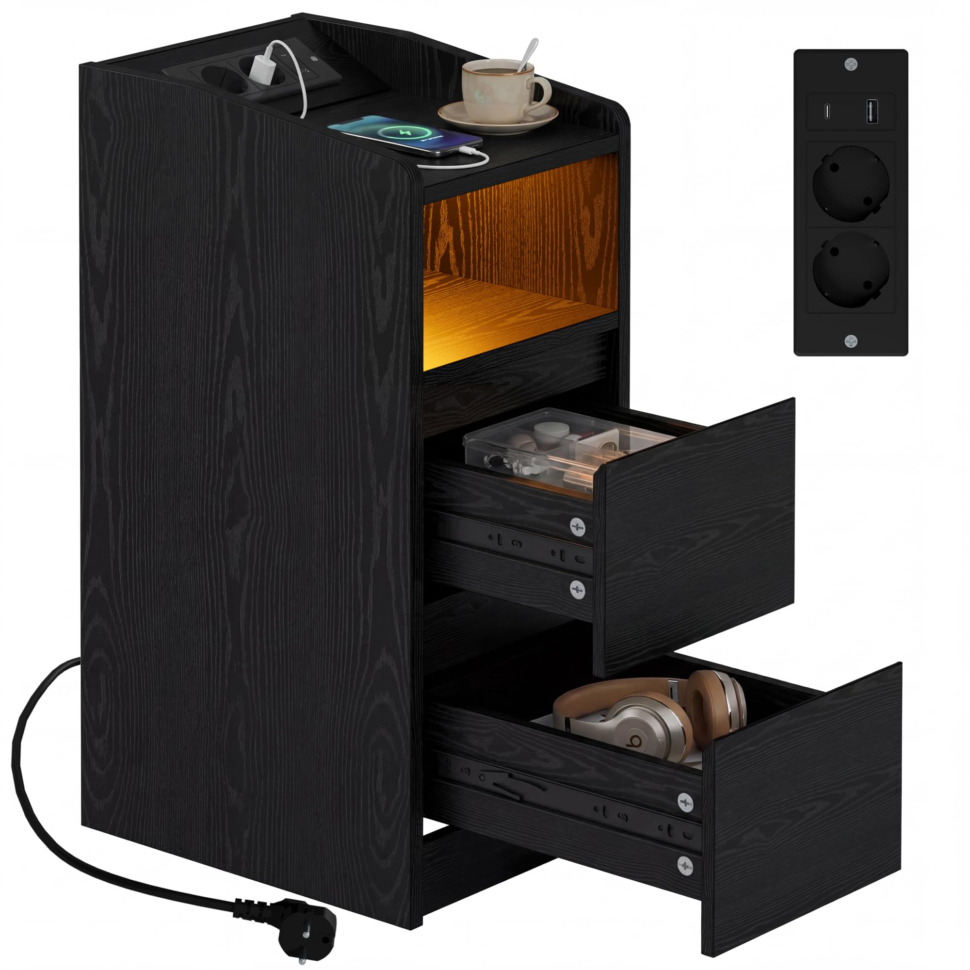 IRONCK Nachttisch Schmal, Beistelltisch mit Ladestation und LED, Bedside Table mit Offenem Fach, für Schmale Räume Schlafzimmer, Wohnzimmer, Schwarz