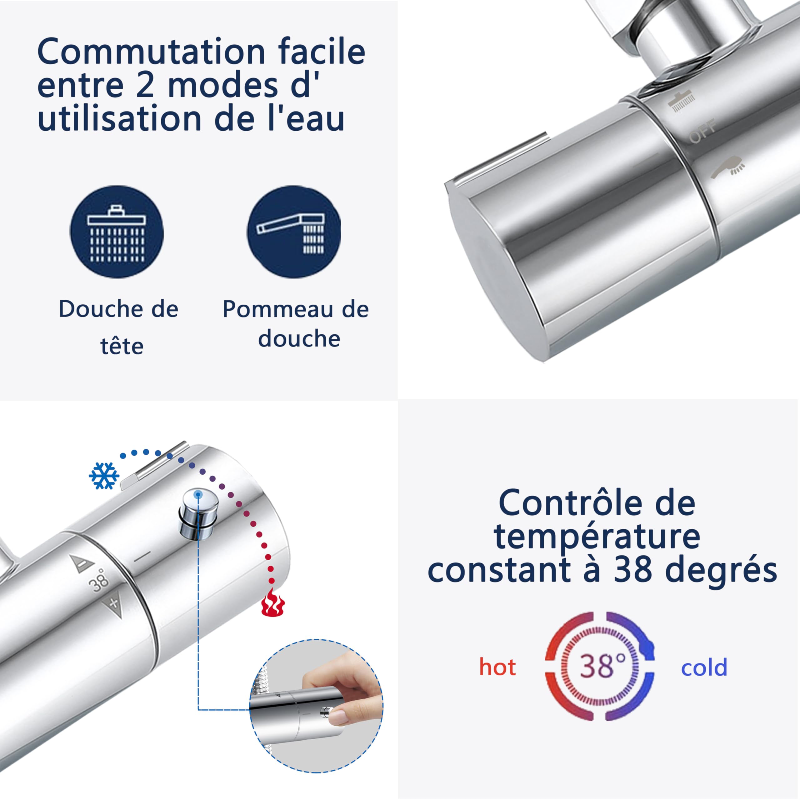 AICA Ensemble de Colonne de Douche Thermostatique pour Salle de Bain, Robinet de Douche Thermostatique en laiton, 3 Modes de Pulvérisation, Chromé, Hauteur Réglable 715 mm-1205 mm (argent)