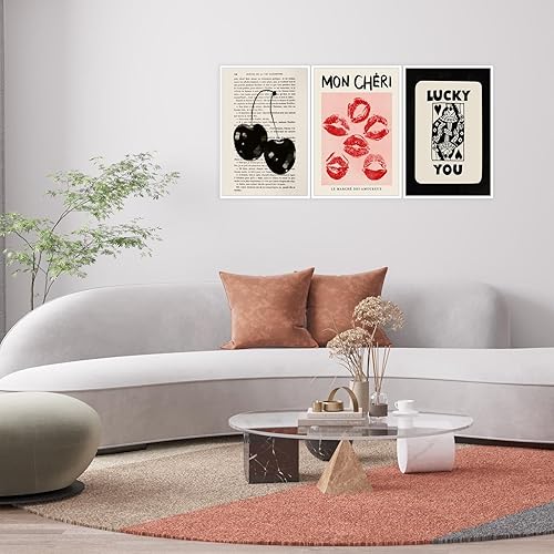 Miniatura 9 de Arte de pared retro de los años 70, lienzo blanco y negro para decoración de pared, juego de 3 póker Lucky You Queen, labios rojos cereza, beso,